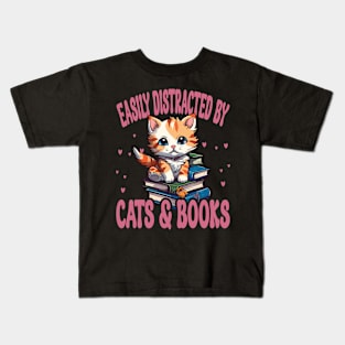 Easily Distracted By Cats And Books Kids T-Shirt